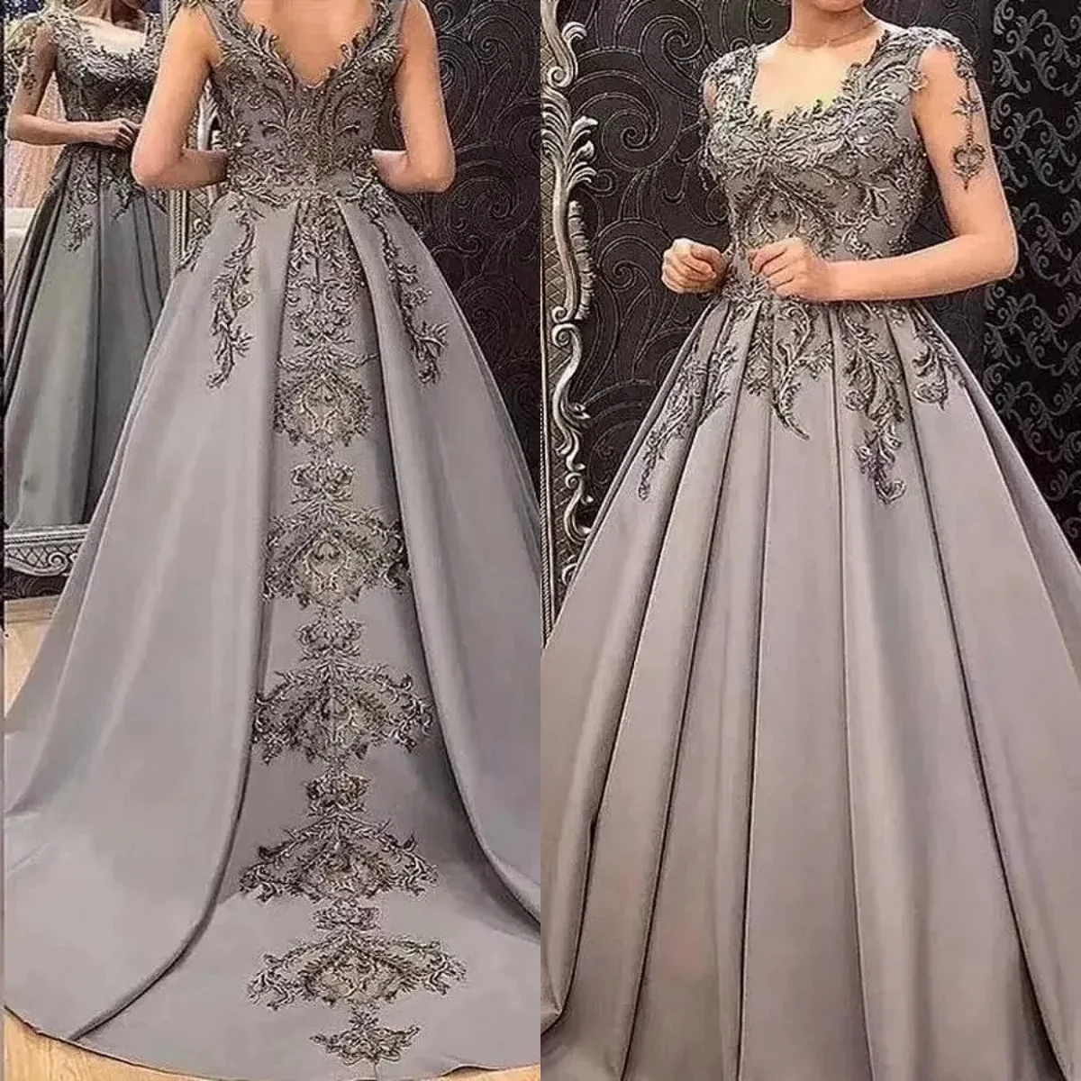 Elegance Grey A-line Mommy Dress Sexy Crepe V-neck Lace Sheer Long Sleeve Pleated Satin Formal Occasion Wedding Ladies Dress