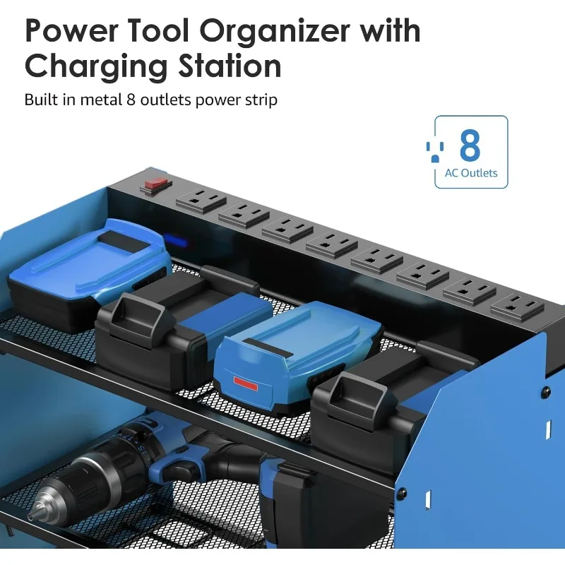 Modular Power Tool Organizer Wall Mount with Charging Station. Garage 4 Drill Storage Shelf with Hooks, Screwdriver,