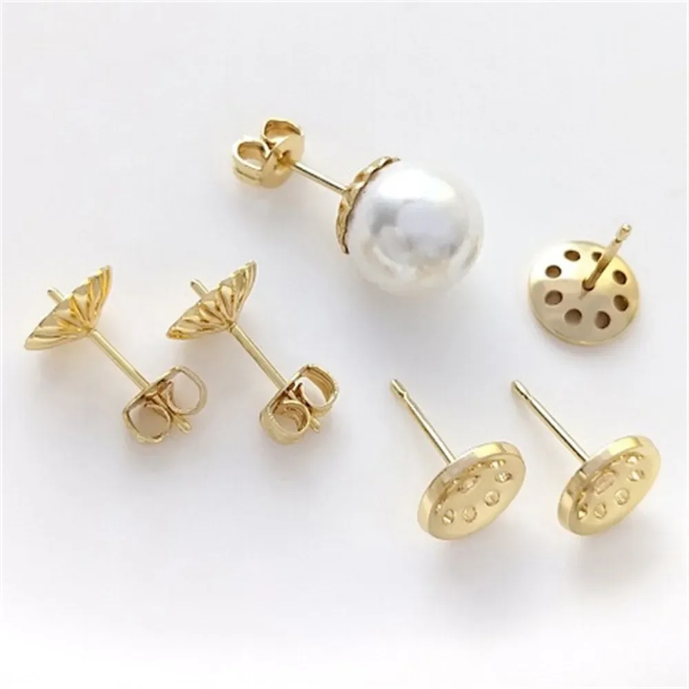 

14K Bag Gold Lotus Fluffy Head Mesh Plate Earrings DIY Flower Shaped Half Hole Pearl Earrings Handmade Ear Jewelry Material E322