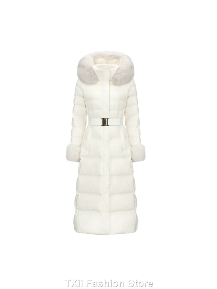 TXii 2023 Winter Women\'s Fashion Long Down Jackets Female Fox Fur Collar Hooded Coats Ladies Thicken White Duck Down Outerwear