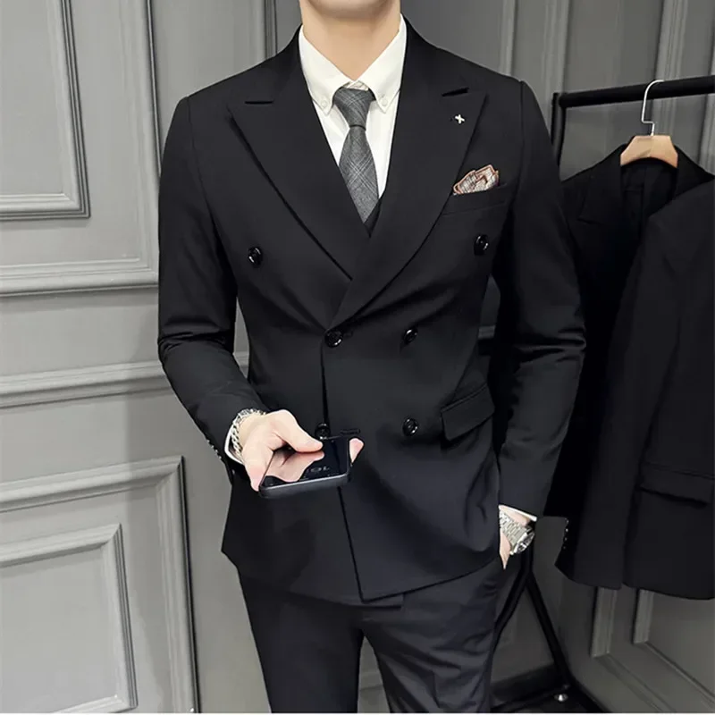 

(Jacket+Vest+Pants) Double Breasted Elegant Men Suits Oroginal Wedding Peak Lapel Terno Masculino 3 Piece Clasic Costume Homme