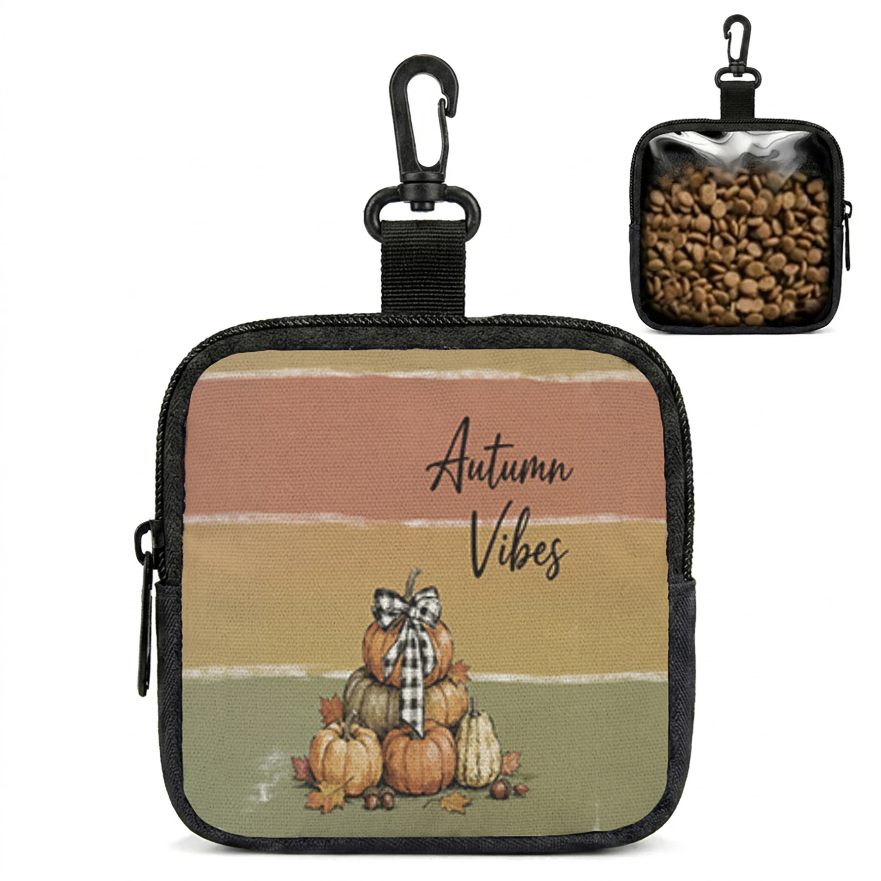 Autumn Vibes Stacked Pumpkin Print Mini Zipper Pouch With Carabiner, Portable Storage Bag For Pet Treats Earphone Coin