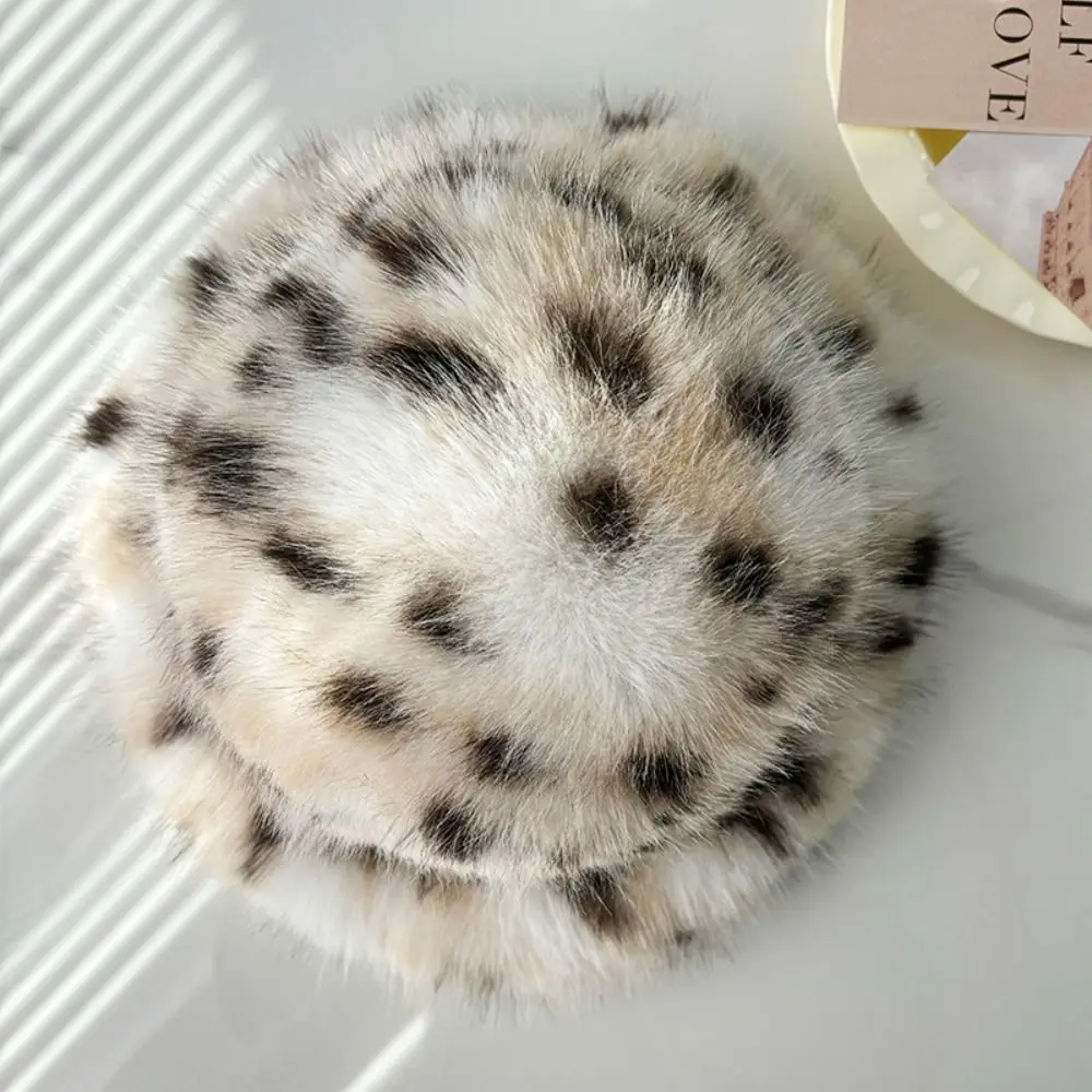 Fluffy Thicken Warm Faux Fur Bucket Hat Imitation Fur Leopard Print Cap Scarf Set Pullover Versatile Scarf Fisherman Hat