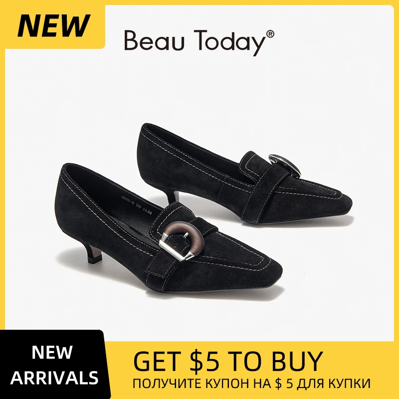 

0BEAUTODAY Pumps Women Pointed Toe Cow Suede Sewing Wooden Pattern Buckle Thin Heels Female Dress Shoes Handmade 15659