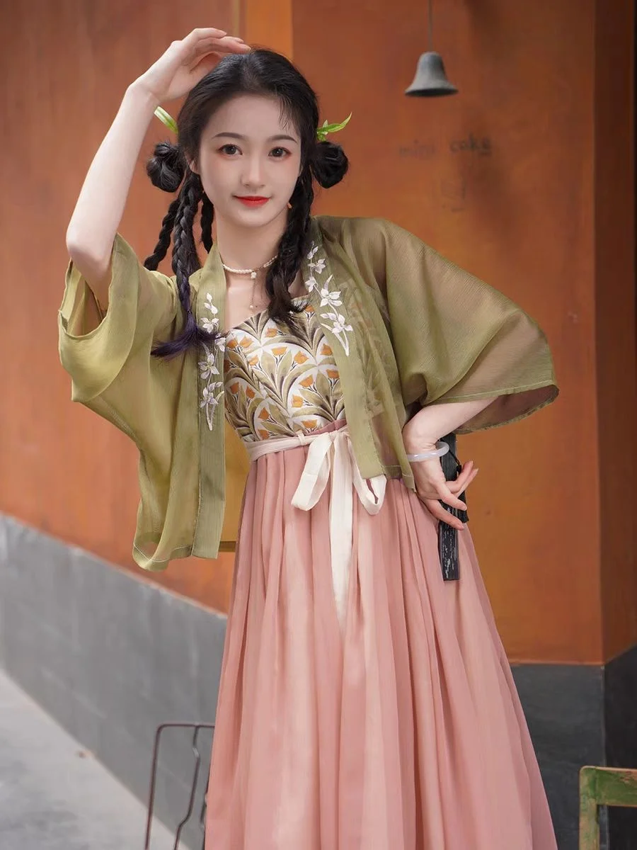 Summer New Hanfu Long Coat&skirtNew Chinese Style Hanfu Dress Women Elegant Han Clothes Flower Print Costumes