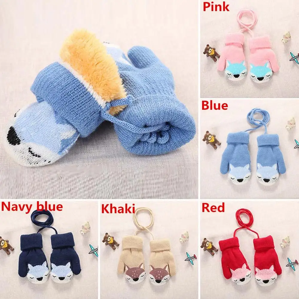 Baby Boys Girls Plush Hanging Neck Cute Kids Gloves Knitted Mittens Thick Warm For 1-3 Years Old