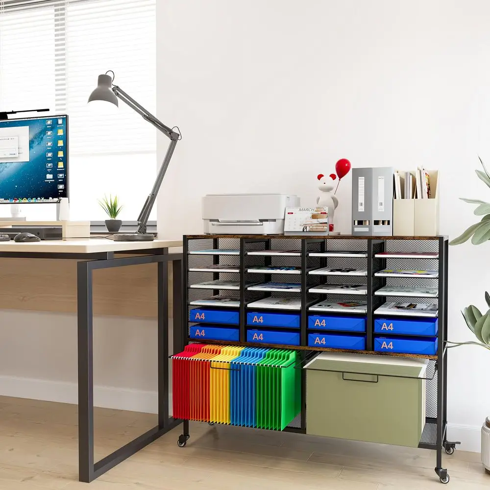 

Rolling File Cart with 24 Slot Mail Organizer, Under Desk Storage with Hanging File Rack for Letter Legal Folders, Mobile Filin