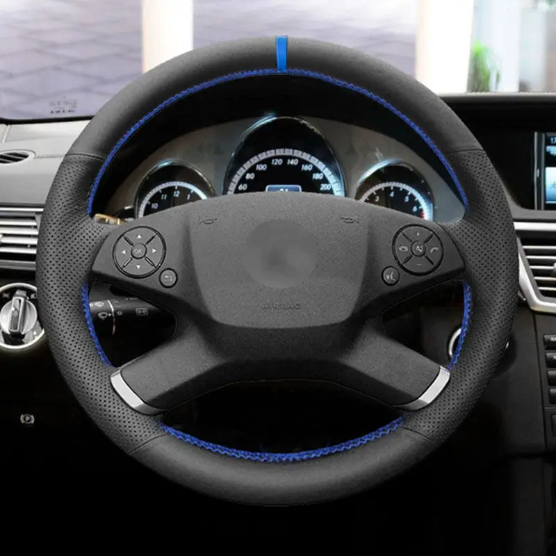 Braids on Car Steering Wheel For Mercedes Benz E Class W212 2009 2010 2011 2012 Microfiber Perforate Leather Cover Trim blue bar