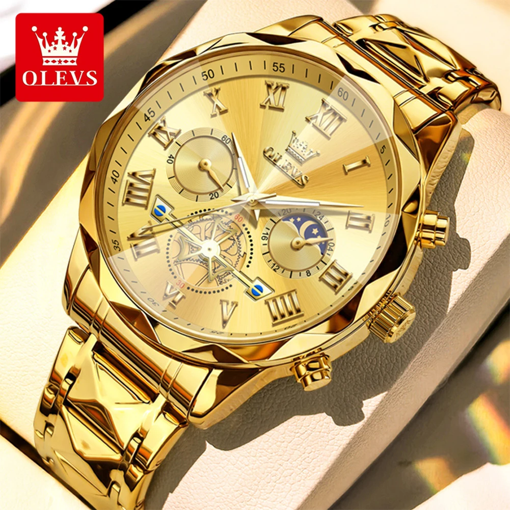 OLEVS Watches for Men New Fashion Rhombus Mirror Luxury Quartz Wristwatch Solid Steel Strap Moon Phase Waterproof Watches 2709