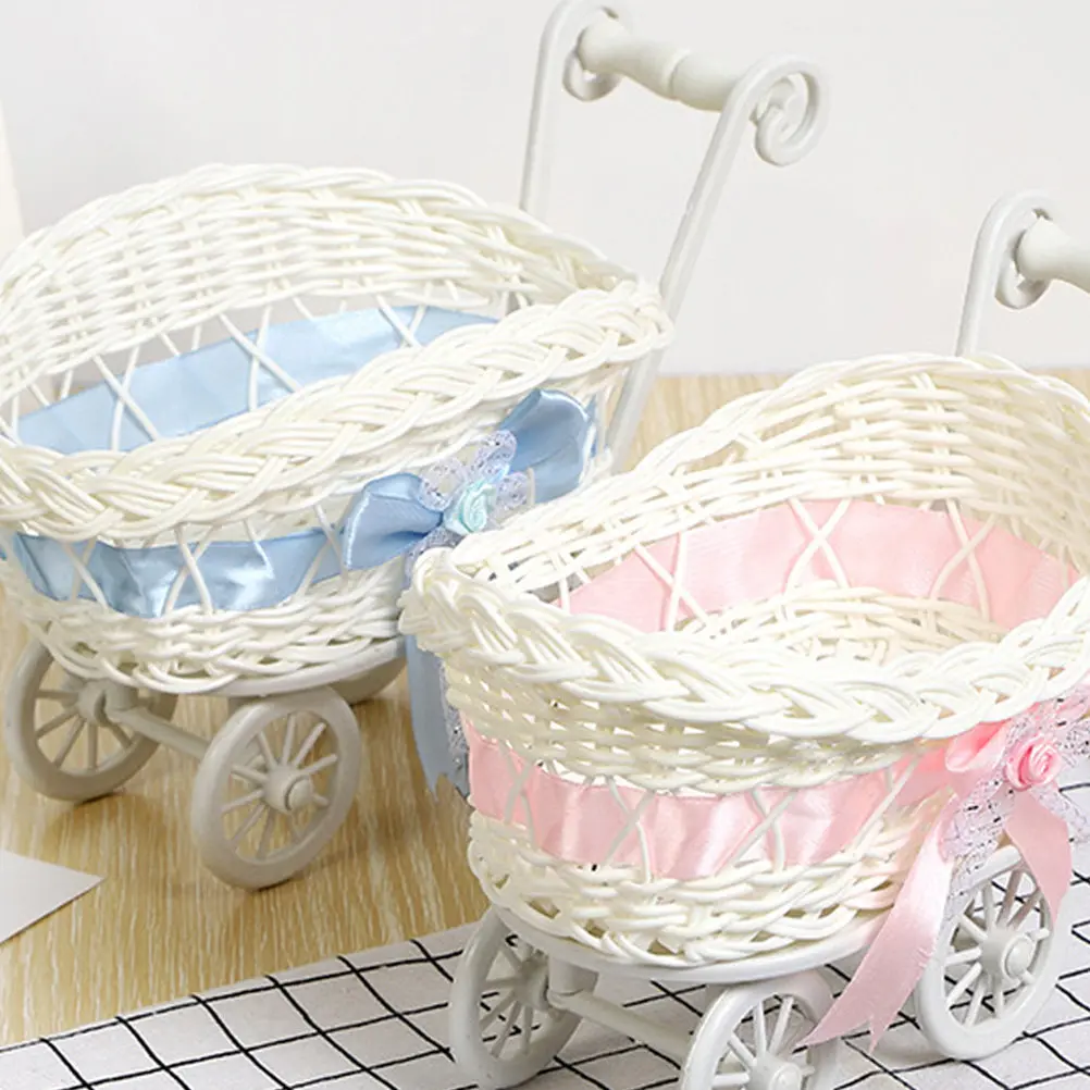2Pcs Stroller Shape Woven Candy Basket Artificial Rattan Wedding Party Favor Basket Desktop Storage Organizer Sundries Decor