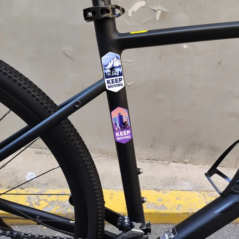 

2-компонентная наклейка для горного велосипеда KEEP MOVING — водонепроницаемая наклейка с шестиугольной рамой, пейзажный дизайн (горы, городская горизонт,