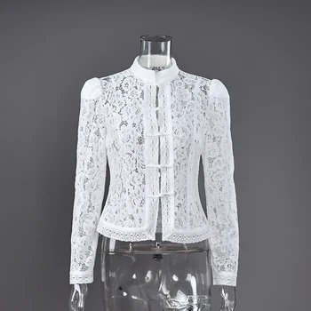 Elegant Embroidery Puff Sleeve Lace Blouse 5 Linad Elegant Embroidery Puff Sleeve White Shirts Summer Sexy Hollow Out Lace Blouse Casual Sand Collar Top 2025 Vintage Shirts 5