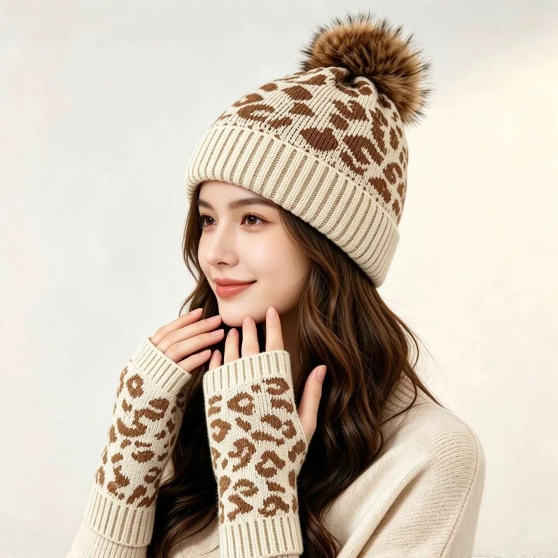 Winter Warm Women Beanies for Fashion Cute Leopard Knitted Hat  Female Casual Knitted Hats Two Piece Set of  Hat Gloves