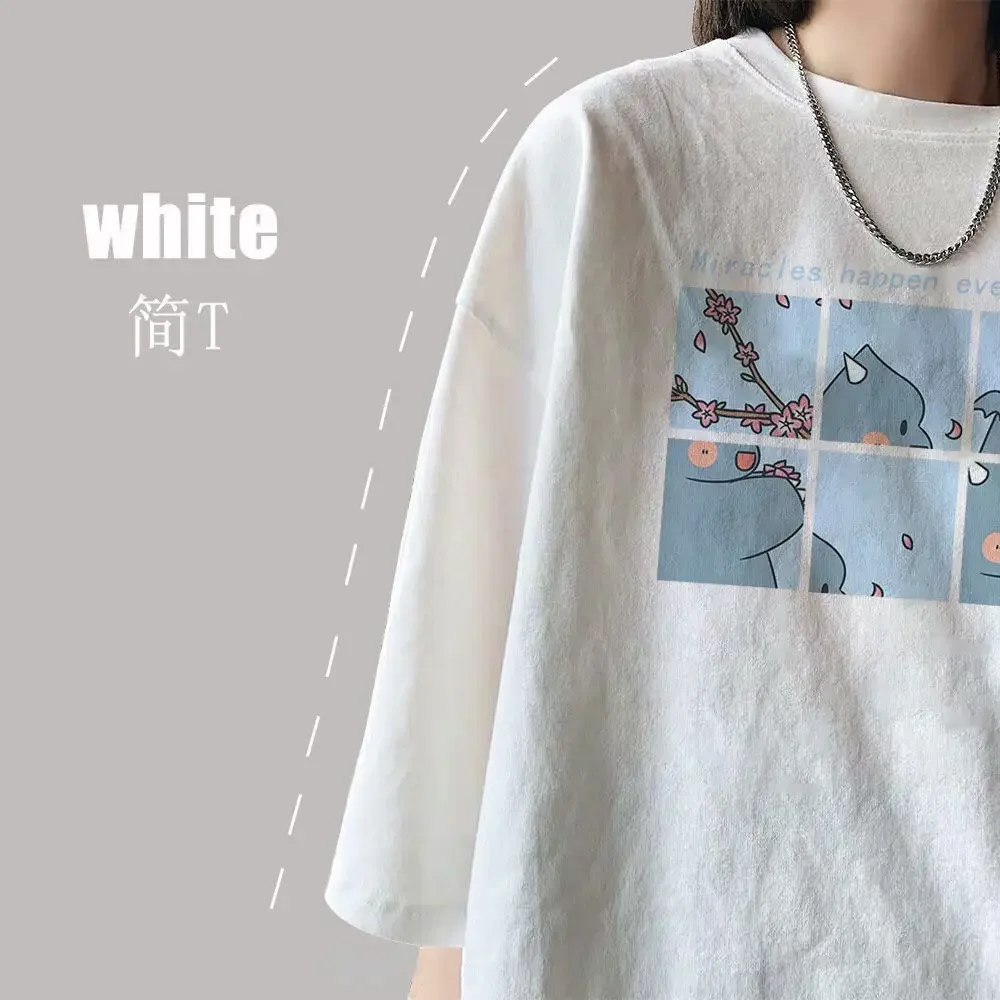 Harajuku Oversized Women Tops Tshirt Round Collar Cartoon Female Half Loose Sleeve Print Casual Simple Wild Top