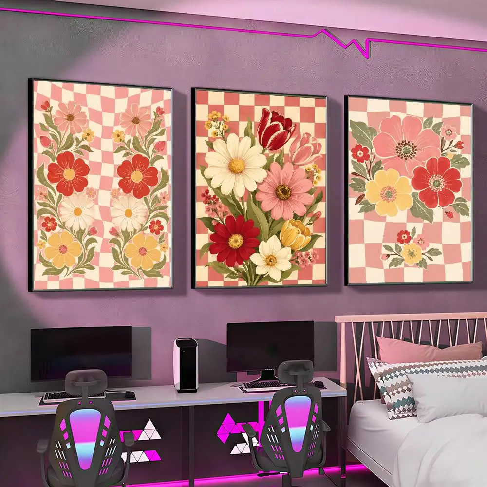 Retro Floral Checkerboard Poster Versatile HD Waterproof Wall Art Self-Adhesive Decor for Any Space Ideal Gift