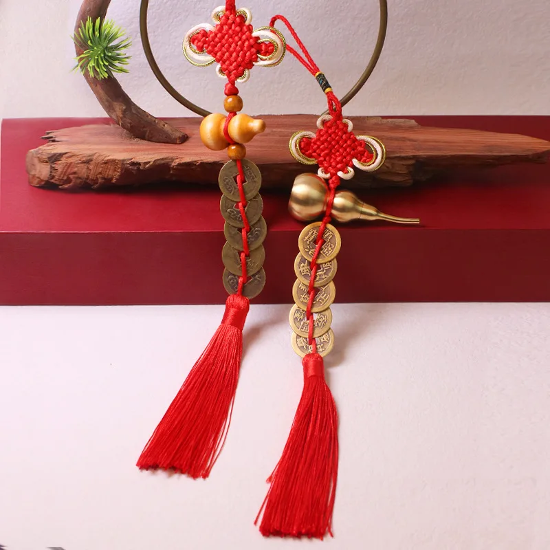 

Chinese Knot Lucky Gold Rim Red Trumpet Tassel Copper Coin Gourd Five Emperors Money Auspicious Car Decoration Pendant