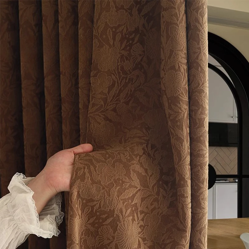 New Retro Toffee Caramel Jacquard Chenille Curtains for Living Room Bedroom French Window Balcony Customized Products