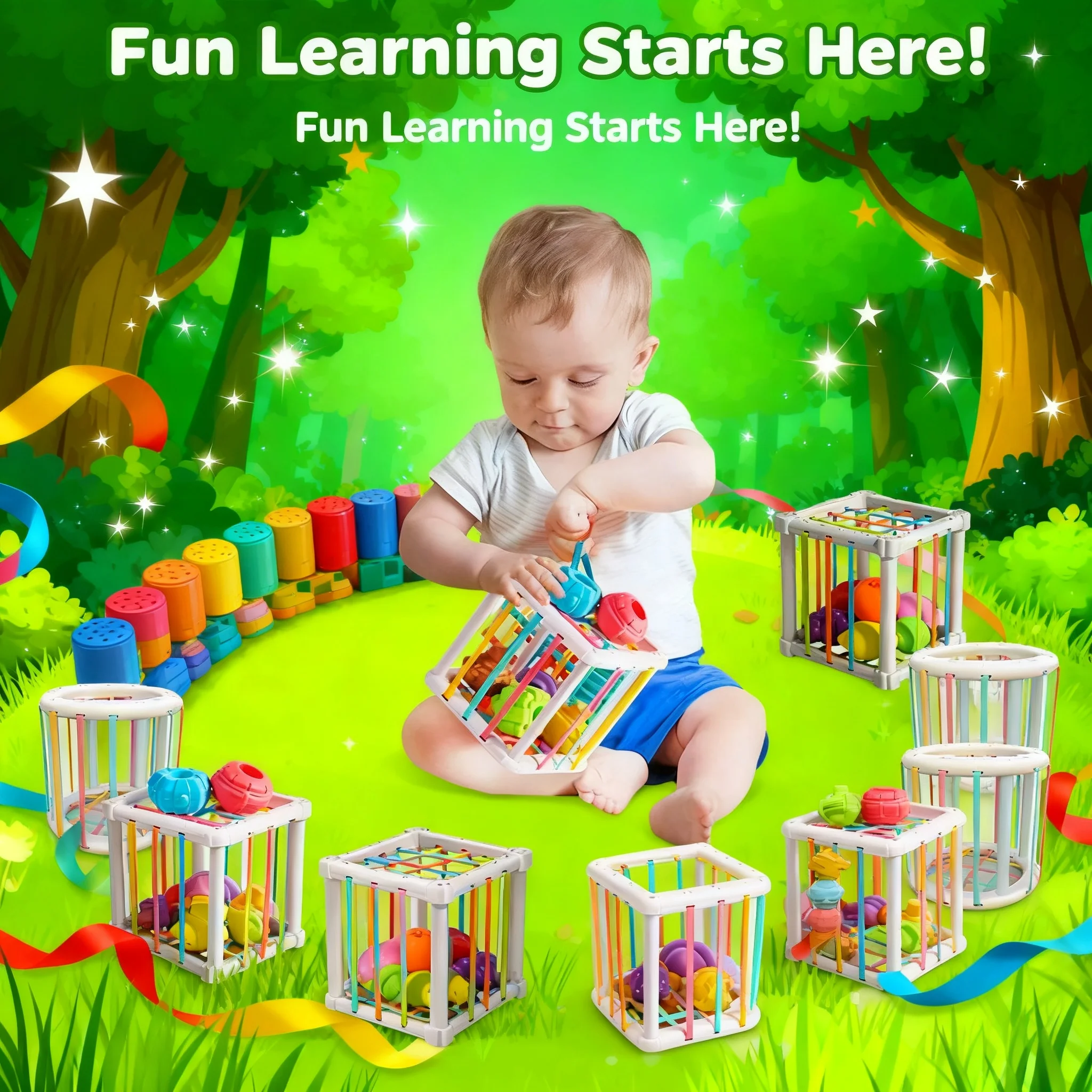 Rainbow Colorful Montessori Shape Sorter Cube Baby Infant Blocks Sorting Grip Training Cognitive Educational Learning Toy