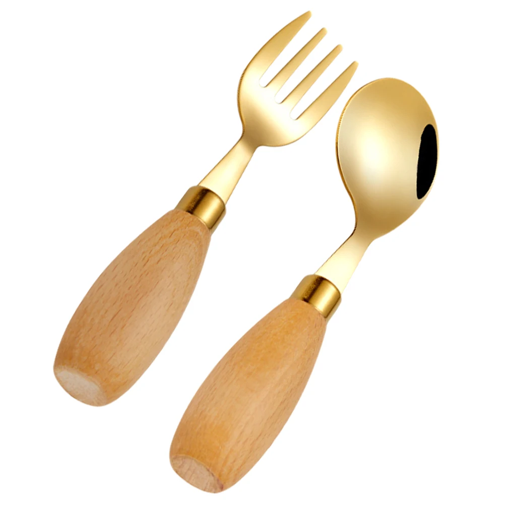 

2 Pcs Children Training Tableware Stainless Steel Baby Forks Spoons Short Handle Curved Design Toddler Feeding Supplies Kids