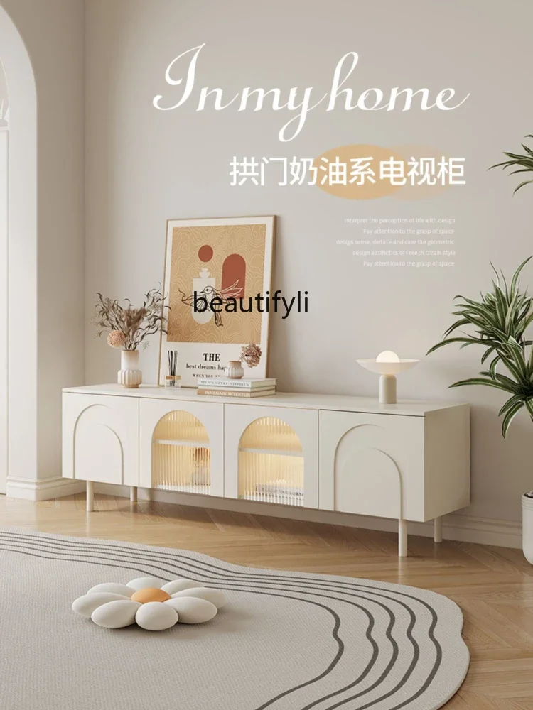 

07Cream Style TV Cabinet and Tea Table Combination Floor TV Stand Modern Minimalist Floor Cabinet