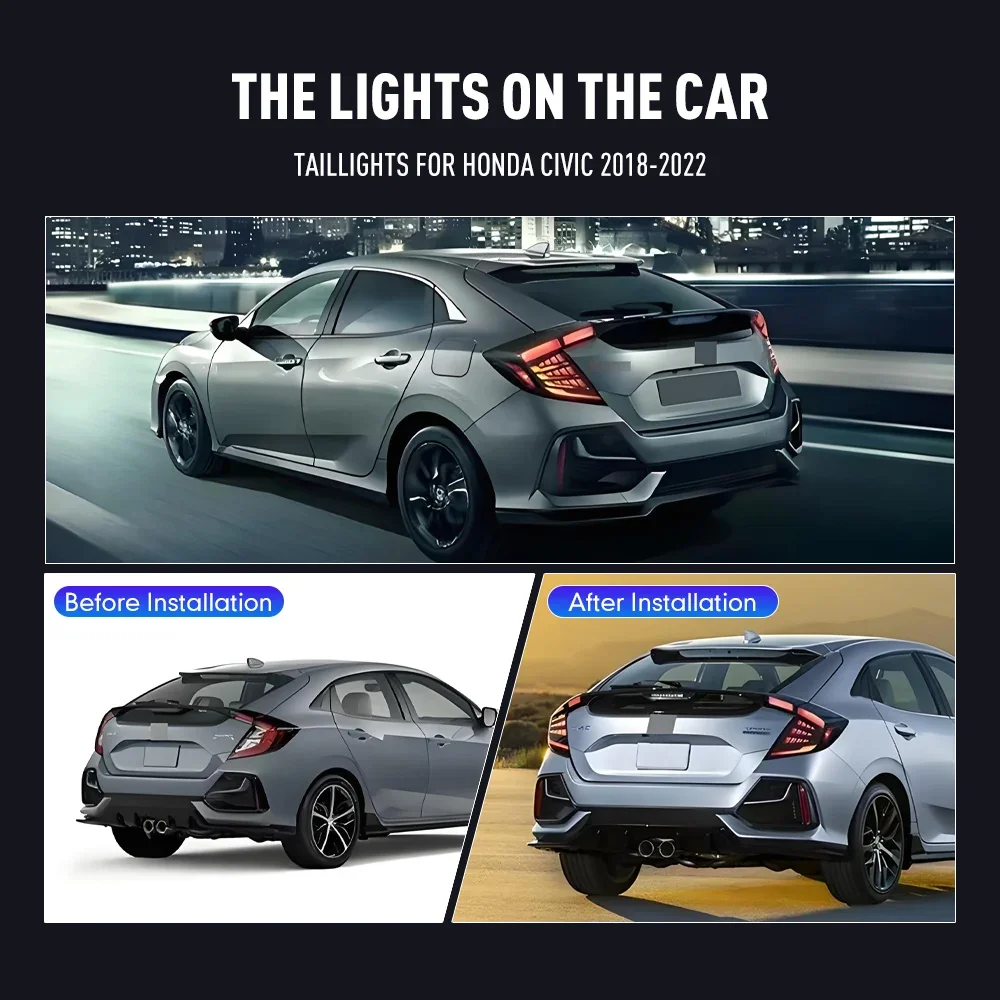 Pair Of LED Tail Lights For Honda Civic 2018-2022 DRL Reverse Brake Turning Signal Plug And Play Car Rear Tail Light Assembly