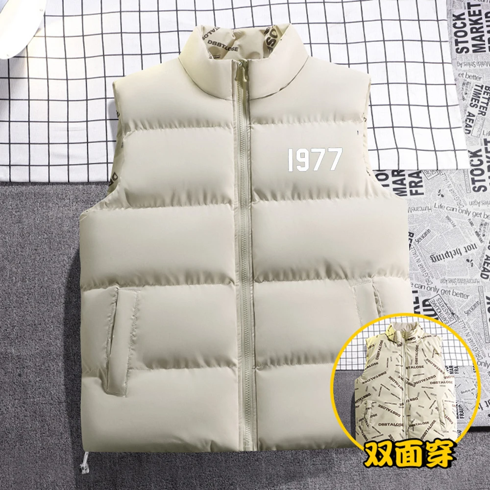 Double sided down cotton vest for men's autumn and winter new fashion jacket vest windproof stand up collar thickened warm vest