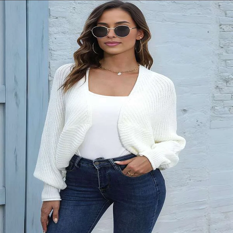 Truien voor dames, cropped vest met open voorkant, gebreide vleermuistruien met lange mouwen, schouderophalen