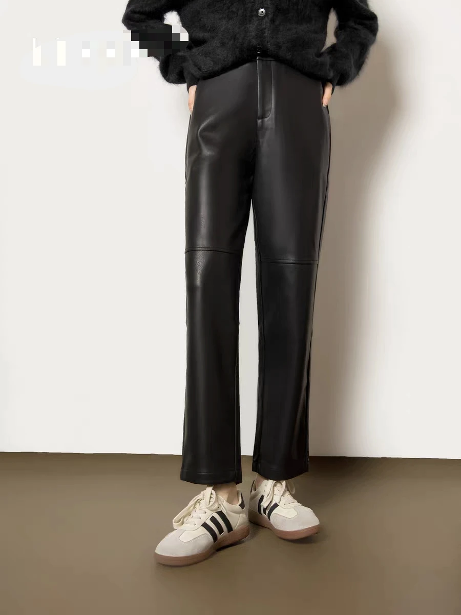 

Женские брюки из натуральной овечьей кожи с высокой талией, прямого кроя, осенняя коллекция 2025, новые, утягивающие, фасон «сигареты», укороченные (7/8)