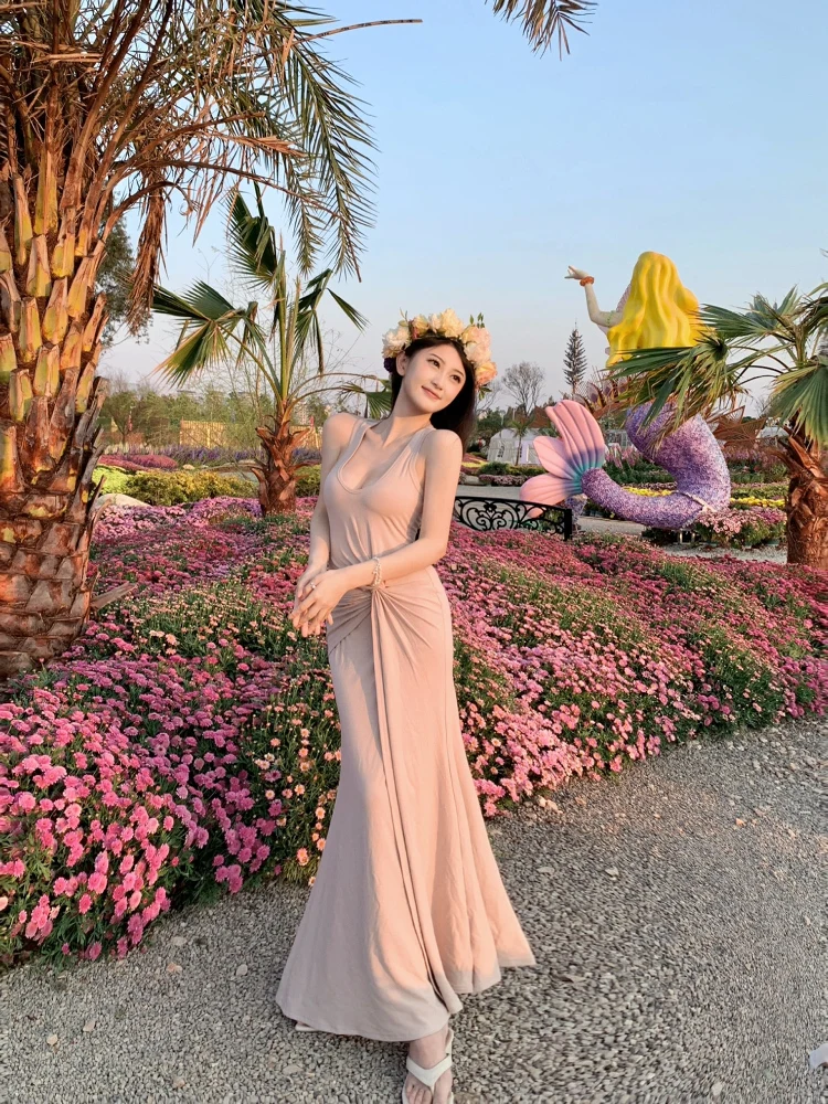 

Sexy U-Ne Long Skirt Women's Slim Fit Wrap Body Design Summer Vaion Sle Pleated Waist Cinched Knot Bal ...