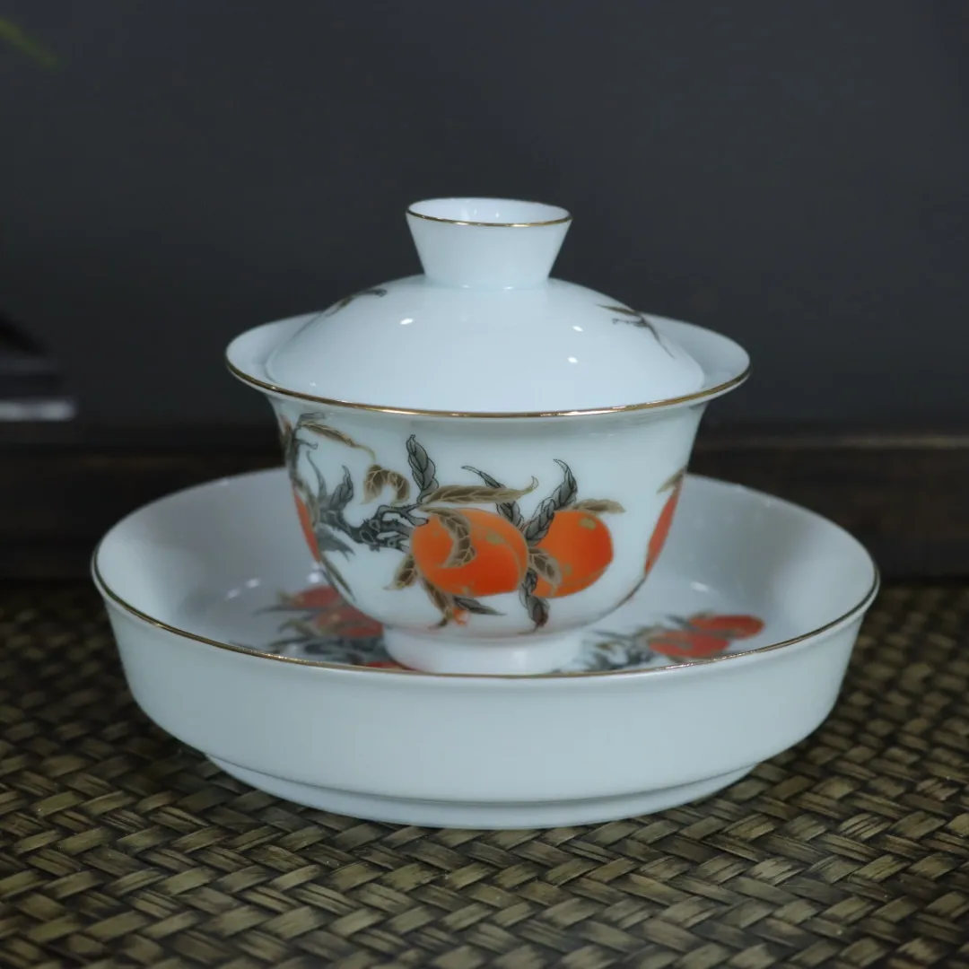 

High-Grade White Ceramic Lidded Bowl Three Pieces Tea Making Kung Fu Set Jingpin Drink Rock Cup