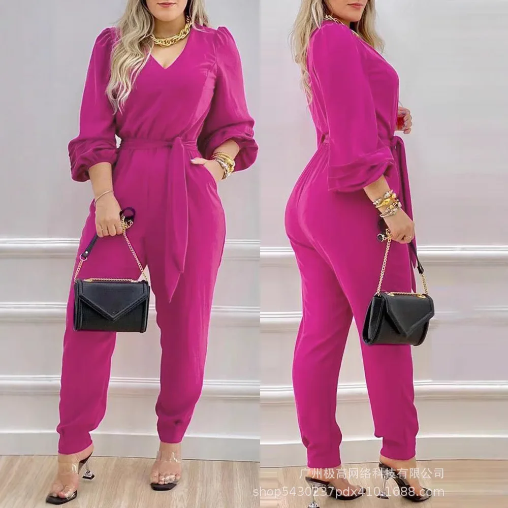 Women's Purple Lace-Up Casual Jumpsuit Overall Loose Pants High Waist Solid Color V Neck Spring Summer