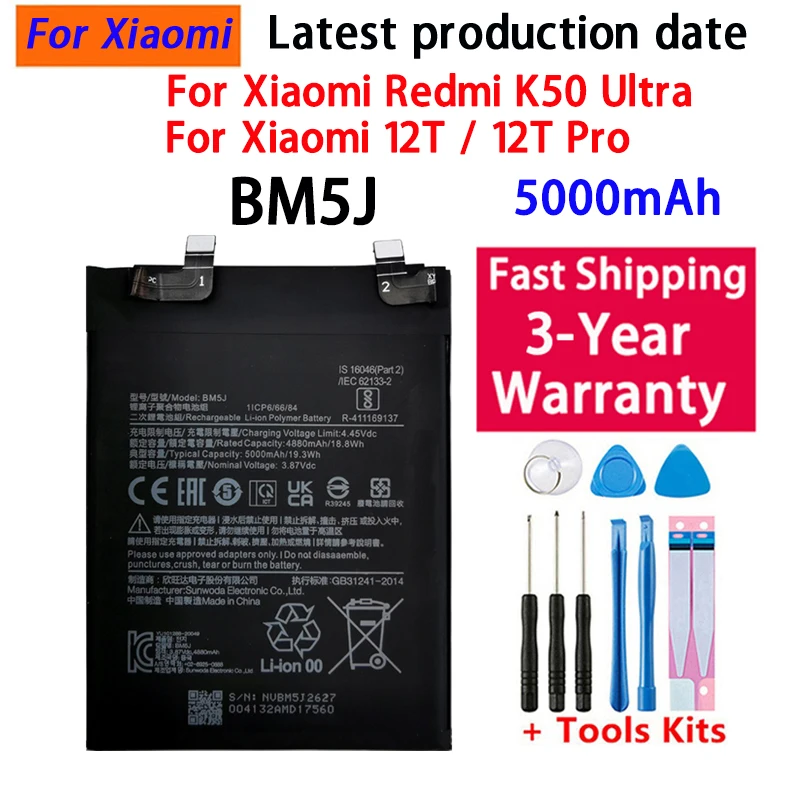 New Fast Shipping 100% BM5J 5000mAh For Xiaomi Mi 12T Pro/Redmi K50 Genuine Mobile Phone Replacement Batteries+Tools