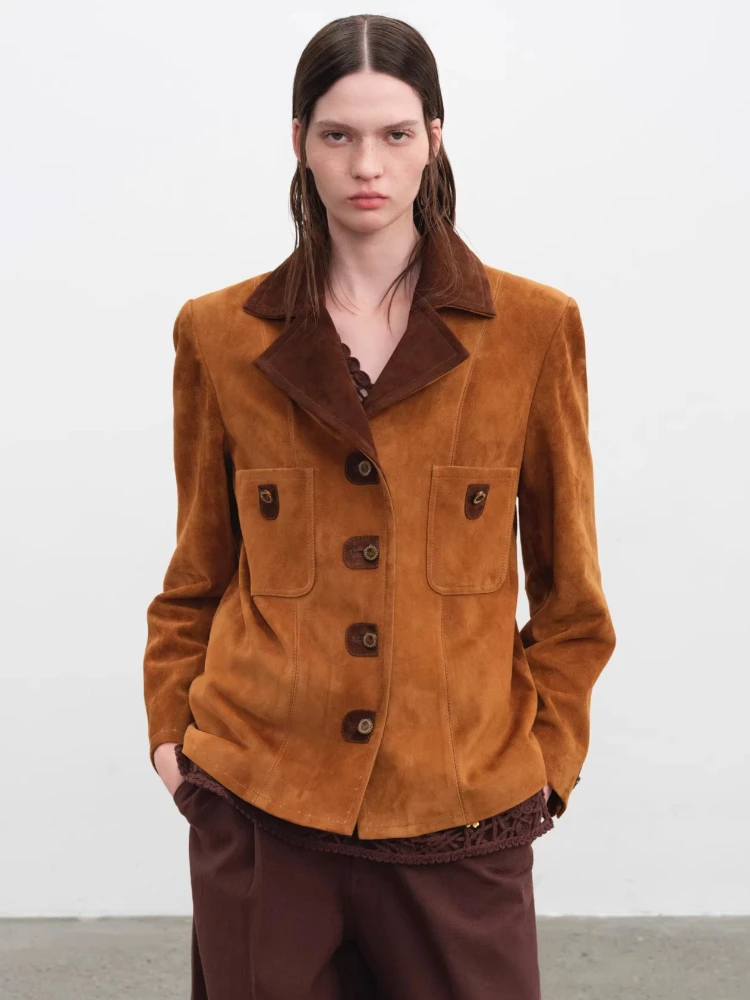 

Vintage Genuine Leather Blazer Jackets for Women Spring Autumn High-end Simple Contrast Lapel Design Real Sheepskin Suede Coat