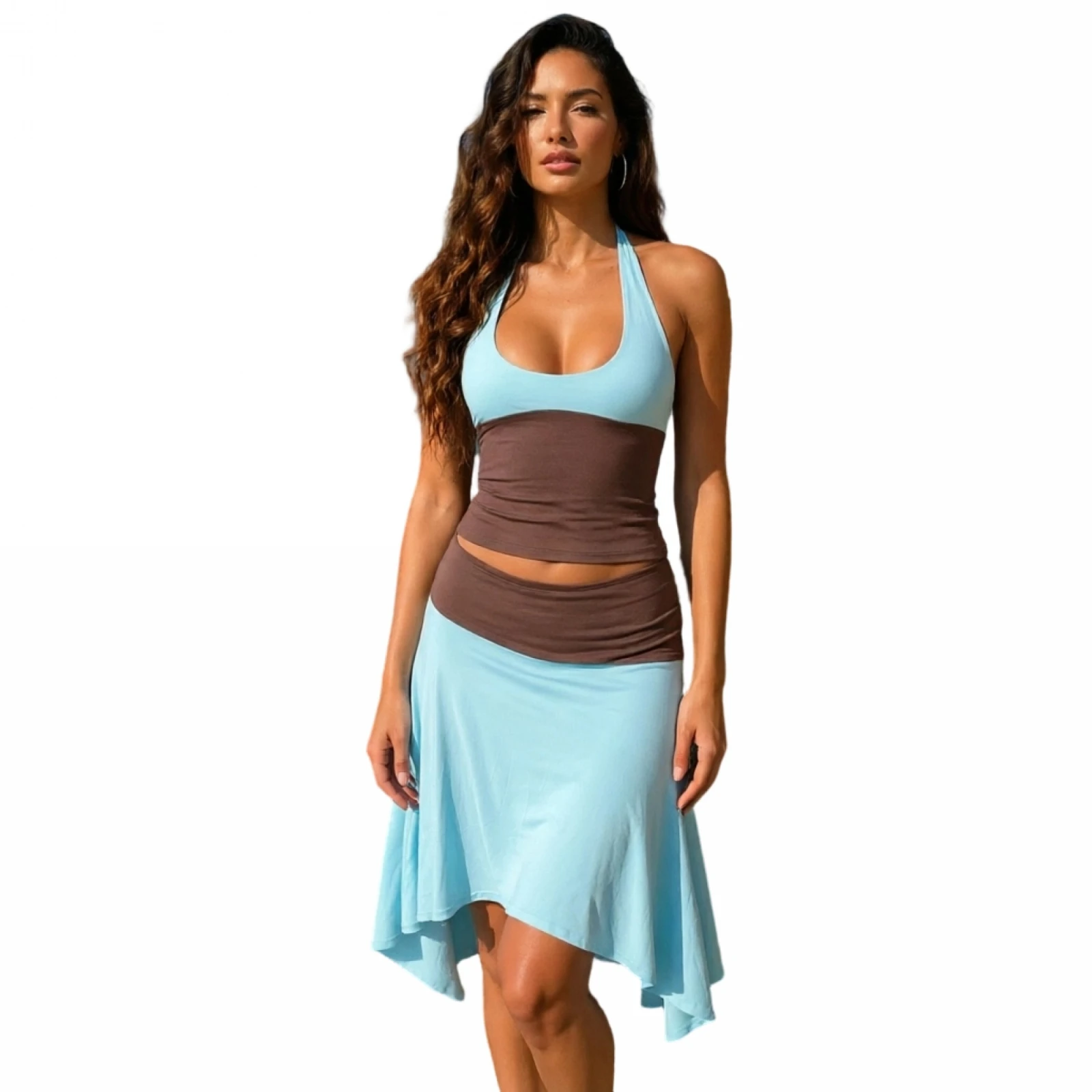 Women's 2 Piece Outfits Sleeveless Halter Tops and Irregular Midi Skirt Set