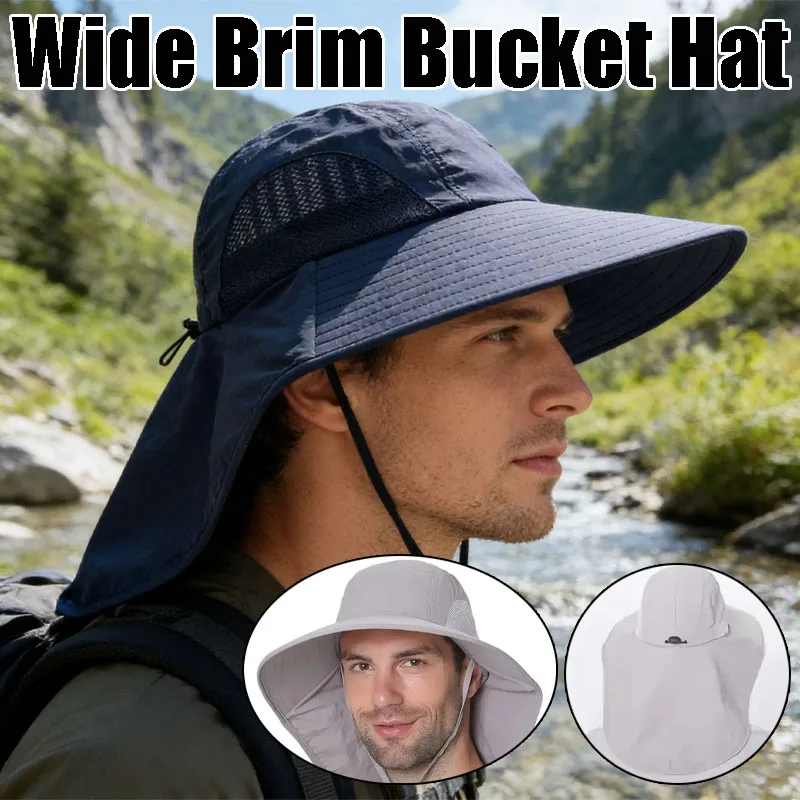 Outdoor Sports Jungle Hiking Hat Fishing Hat Wide Brim Bucket Hat with Neck Cover Quick Dry Men Fishermen Sun Protected Cap