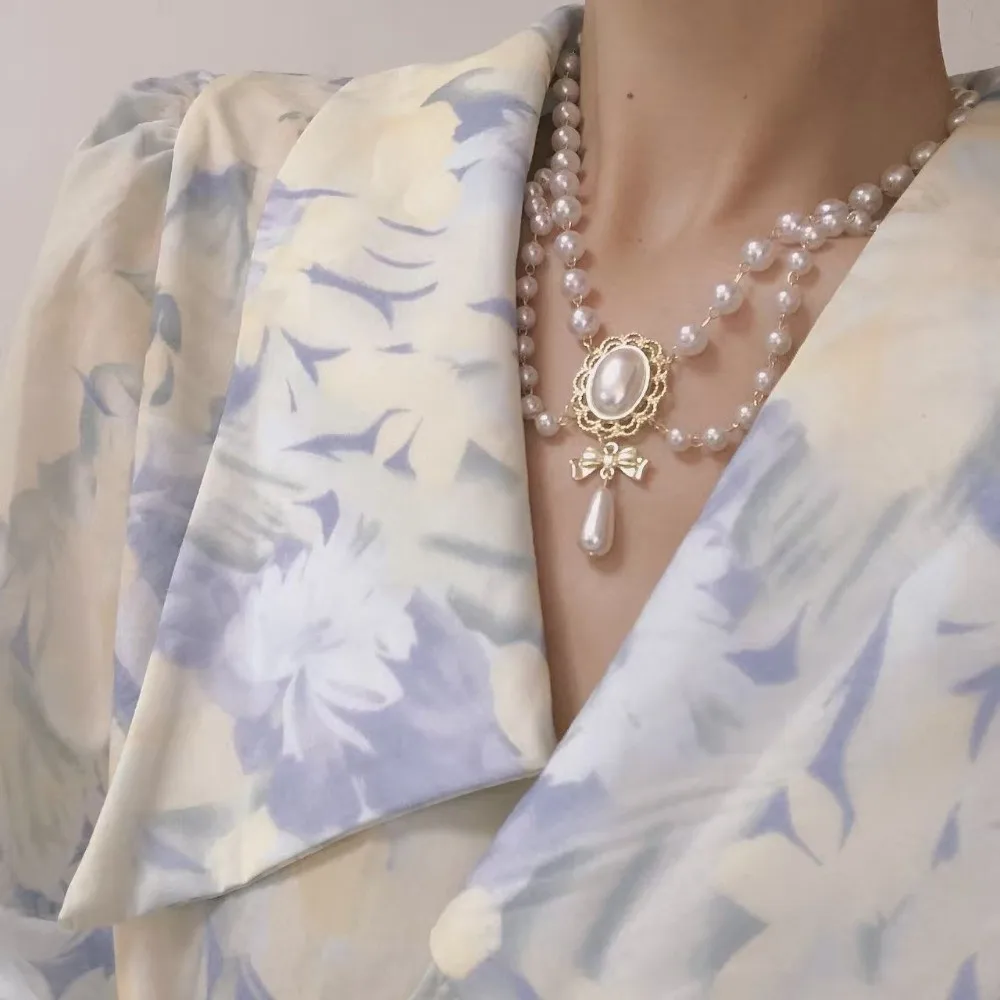 Double Layer Baroque Pearl Choker Bowknot Pendant Beaded Imitation Pearl Palace Style Bridal Jewelry Accessories Jewelry