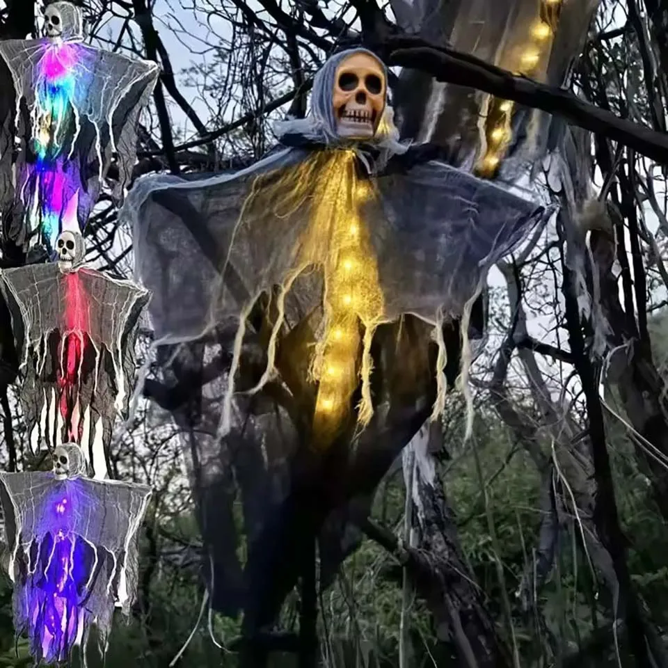 1pcs Halloween Glowing Skull Skeleton Gauze Hanging Ghost Home Outdoor Garden Decoration Halloween Party Horror Ghost Props ﻿
