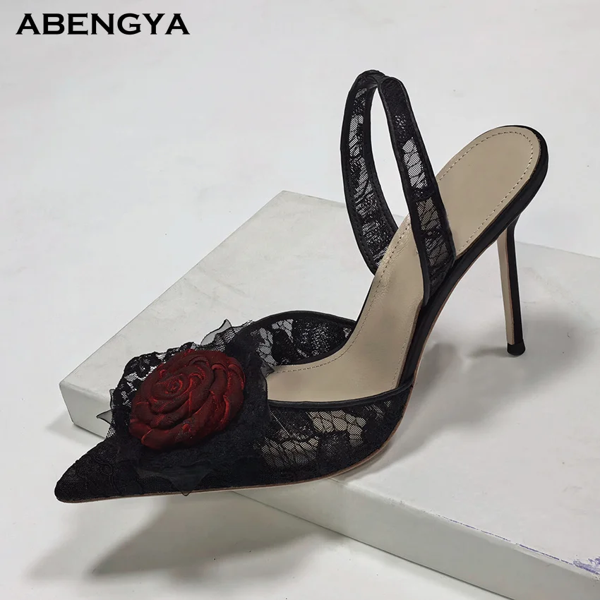 

New Sexy Black Lace High Heels Shoes Gladiator Sandals Women Flower Design Slingbacks Dress Prom Shoes Party Wedding Shoes Woman