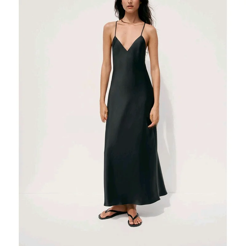 فستان نسائي صيفي جديد بتصميم بسيط برقبة على شكل V بدون أكمام من الحرير الصناعي بخصر مرتفع للعمل #4