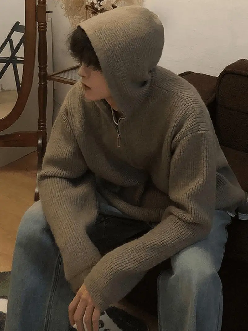 

Khaki Cleanfit f Zip Sweater Men's Autumn Winter Lazy Sle Loose Knitted Hoodie Jaet Comfortable Soft Thi Long Sve