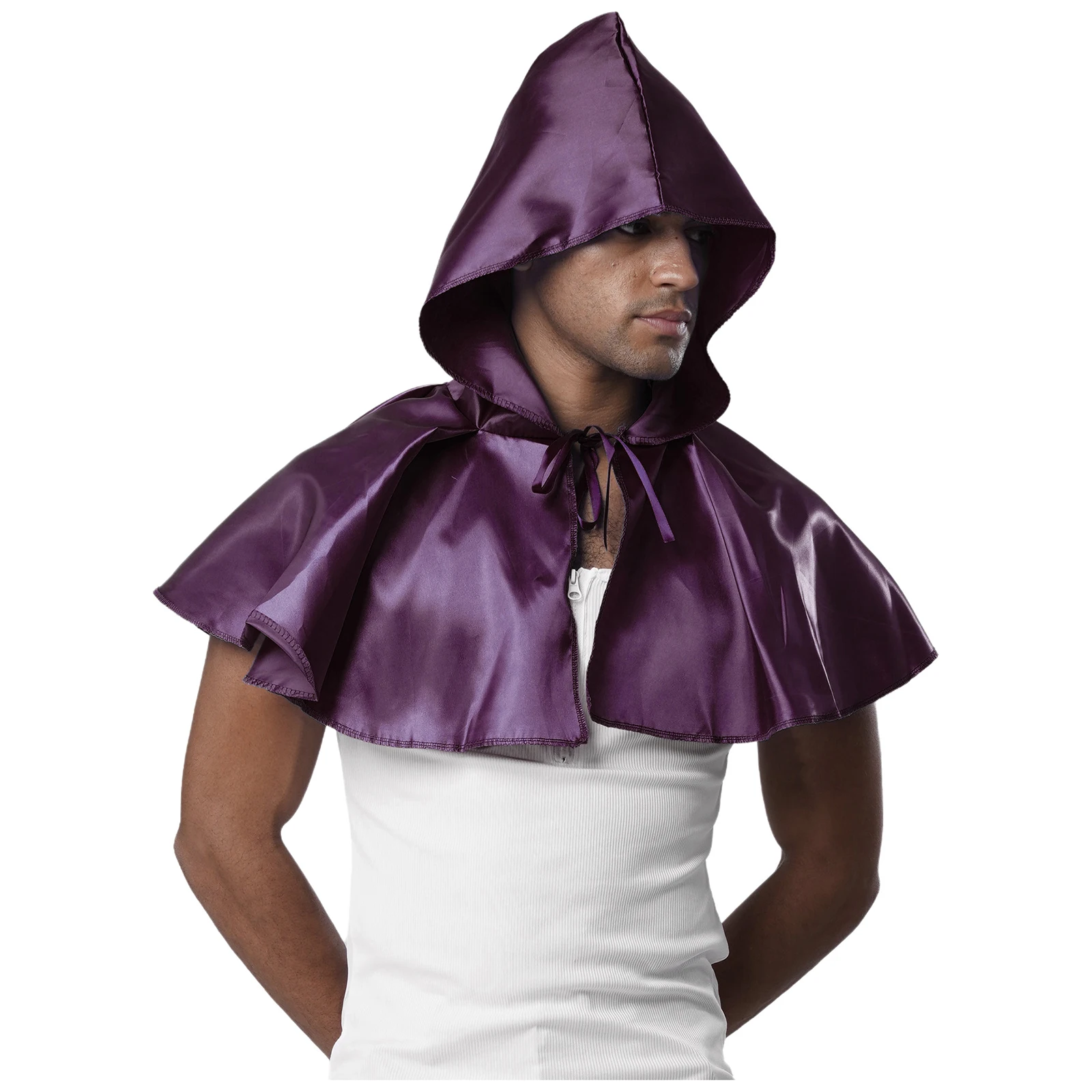 

Men Halloween Death Reaper Costume Medieval Vampire Wizard Hooded Cloak Front Tying Satiny Cape Shoulder Shawl Cosplay Accessory
