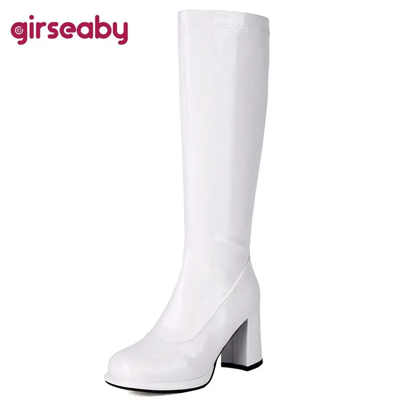 Girseaby Luxury Sexy Female Knee Boots Round Toe Chunky Heels 8cm Zipper Large Size 47 48 49 Fashion Dating Party Shiny Booties