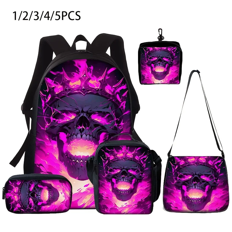 1/2/3/4/5pcs Dark Skull Flame Pattern Backpack Set Lightweight Large Capacity School Bag Travel Bag with Shoulder Bag Pencil Bag