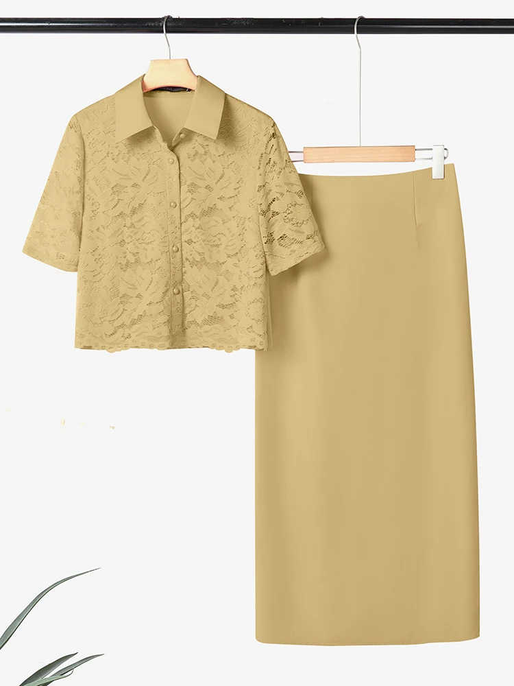 ZANZEA Office Women 2 Piece Sets 2025 Summer Outfits Elegant Lace Patchwork Shirt Dress Sets Stylish OL Tracksuit Skirt Suit