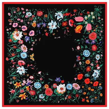 130*130cm 럭셔리 꽃 인쇄 러시아 국립 광장 스카프 여성 능 직물 실크 목도리 스카프 여성 Fourlard Bandana Wraps