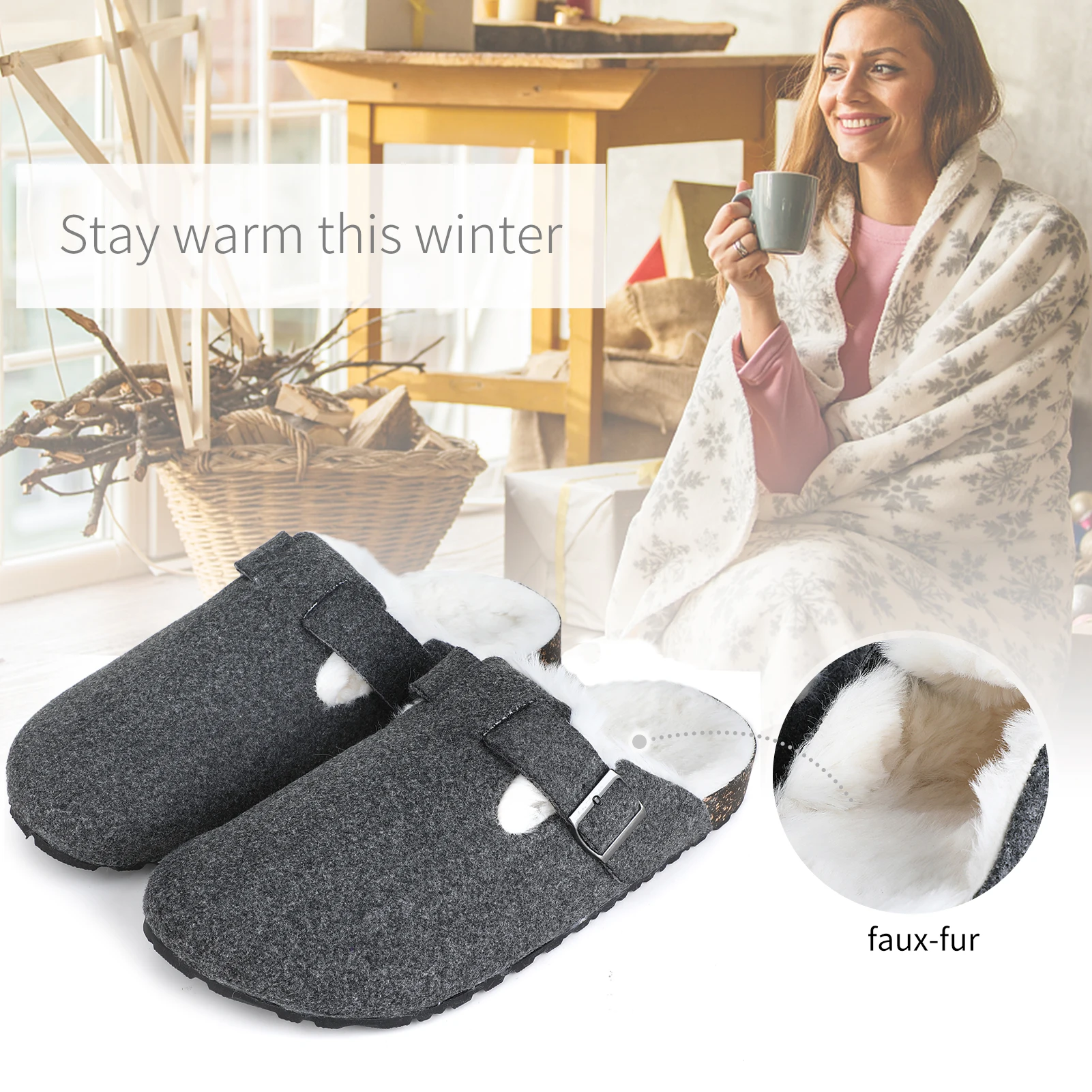 Women Cork Clogs for Women, Indoor Outdoor Fuzzy Slipper Warm Shoes, Cozy Mules & Clogs with Buckled Felt