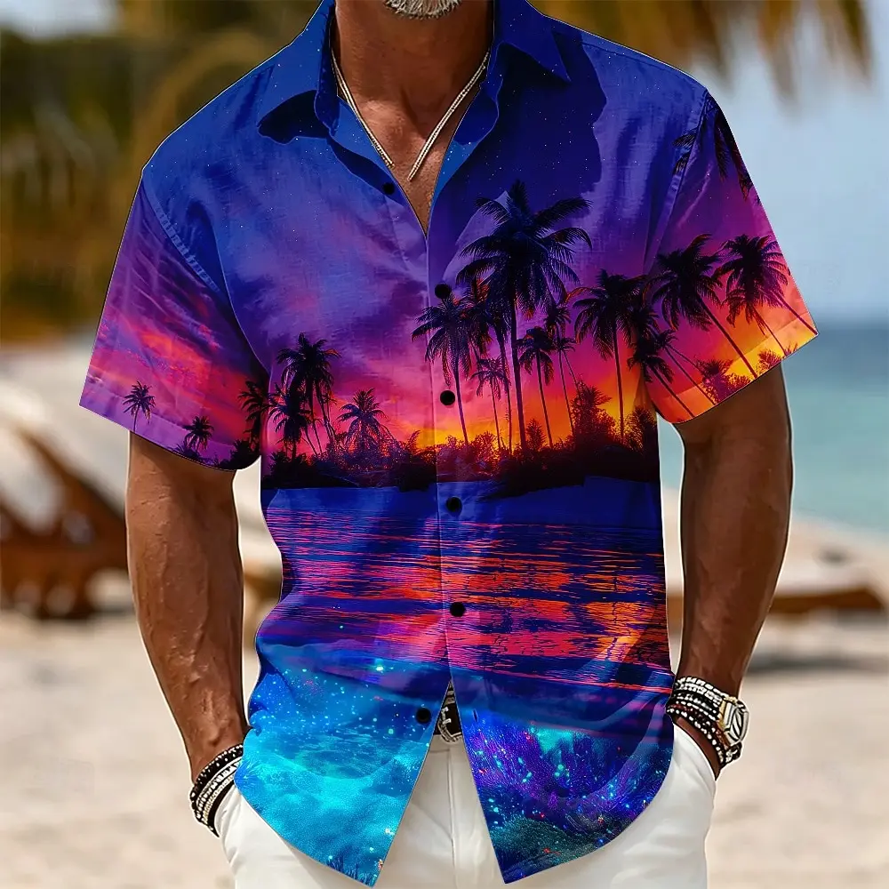 

Men's Tropical Sunset Ocean Print Button Down Shirt, Casual Tops for Spring Summer Beachwear & Vacation Occasions