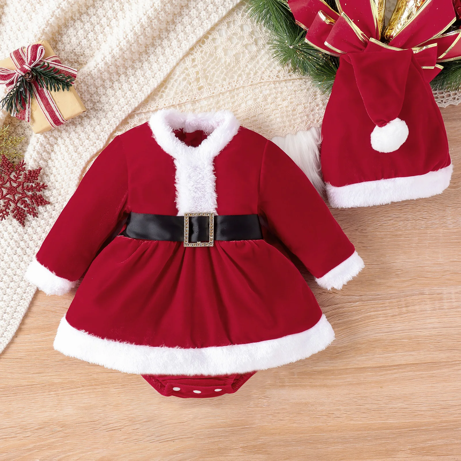 

Kids Christmas Girl Cosplay Christmas Dress Winter New Infant And Toddler Fur Collar Spliced With Gold Velvet Belt Skirt Hem Hat