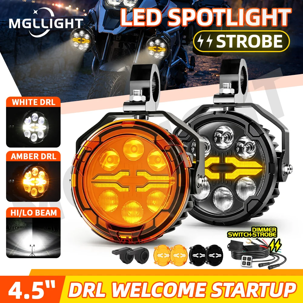 HL 4.5 Inch Round Motorcycle LED Auxiliary Lights Hi/Lo Beam Fog Lamp Amber White DRL for BMW R1200 GS off-road use Sport Bike