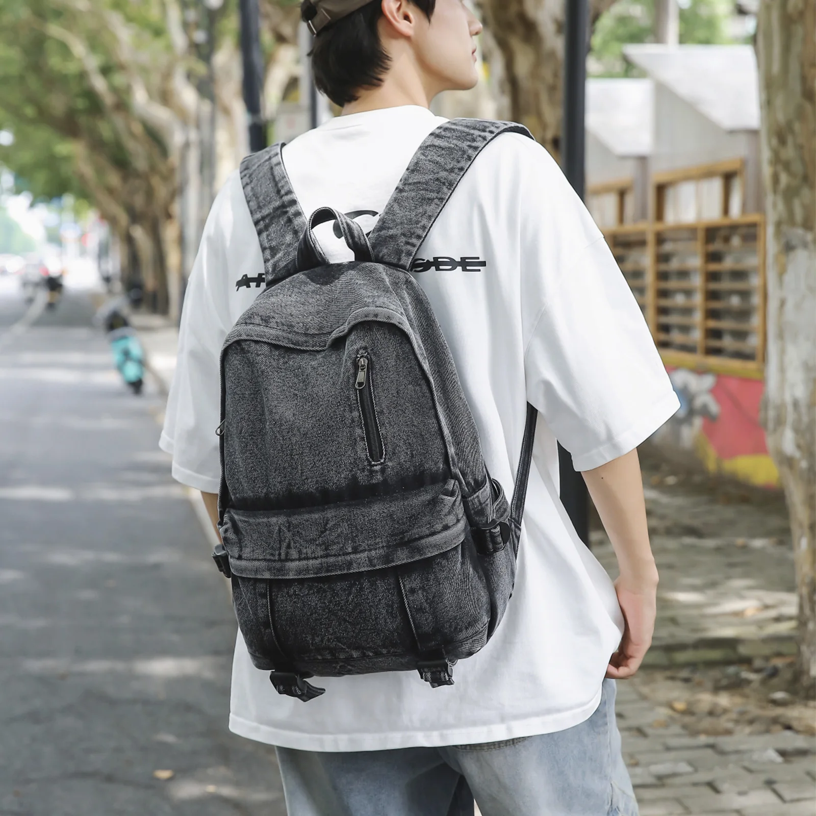 Vintage Y2K Washed Denim Backpack Retro Casual Jeans Daypack with Multiple Pockets Lightweight Travel Backpack for School Work